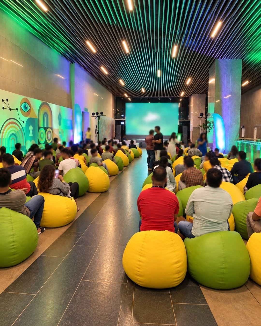 Indoor film screening — completed S.H. Bean Bags event, AI-refined image